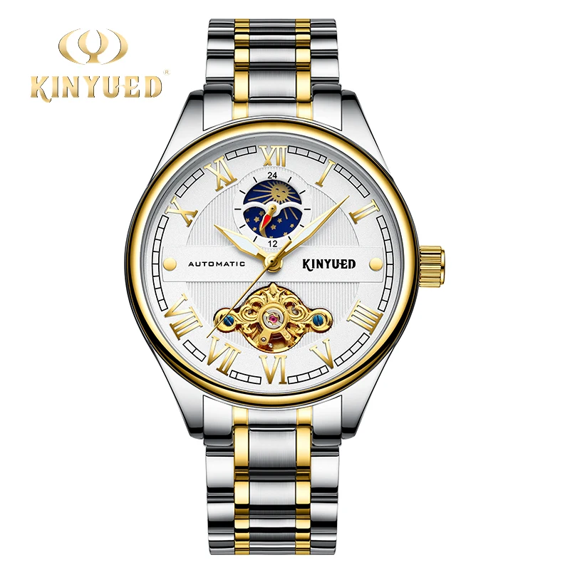 Мужские наручные часы KINYUED автоматические механические скелетоны с Лунной фазой