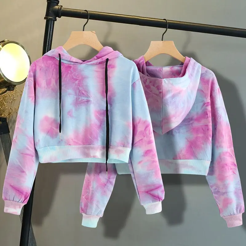 

2020 New Fashion Kpop Style Sweatshirts Moleton Tie Dye Hoodies Women Crop Top Hoodie Streetwear Korean Crop Top for Female