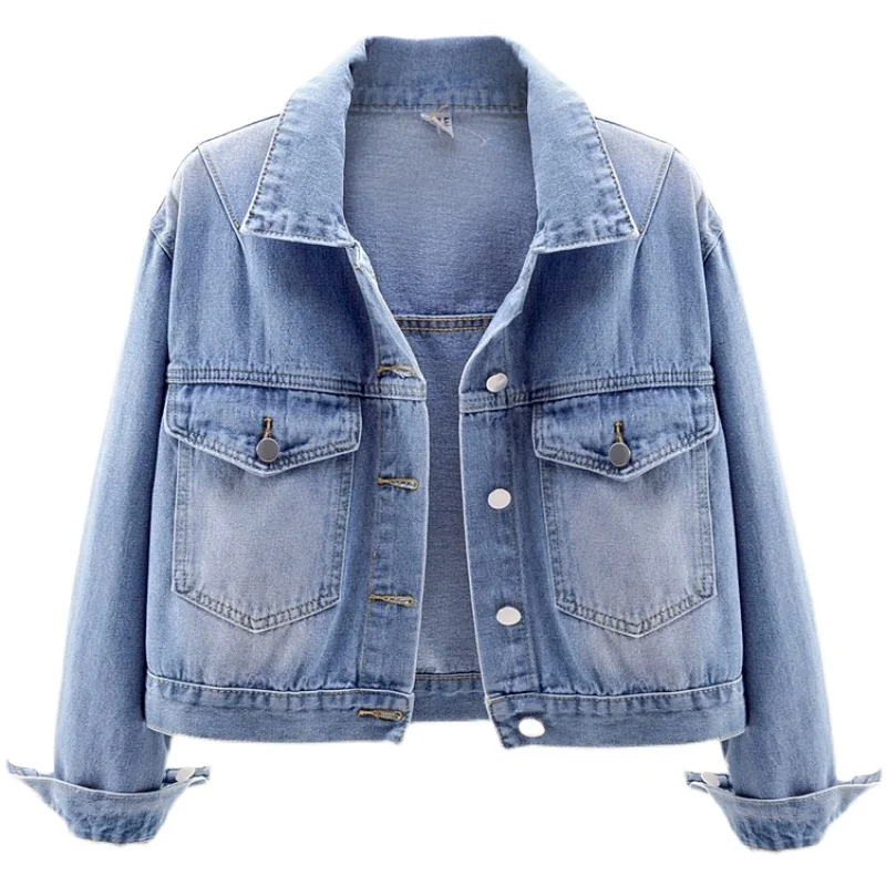 

Куртка женская джинсовая короткая в Корейском стиле, однотонная Свободная верхняя одежда из денима в стиле Харадзюку, с длинным рукавом и б...