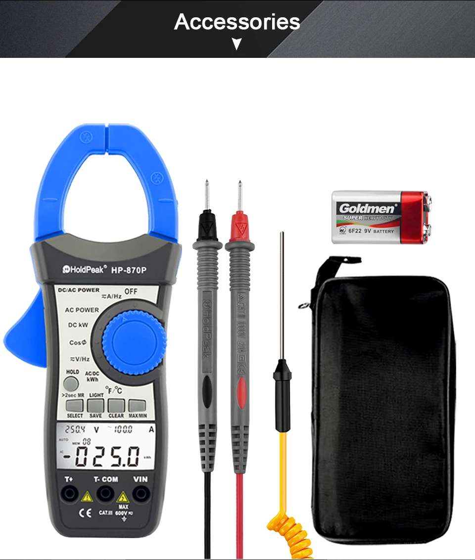 HoldPeak HP-870P измеритель мощности Вольтметр переменного/постоянного тока 999.9A Амперметр тестер электронный мультиметр активная энергия диагностический инструмент