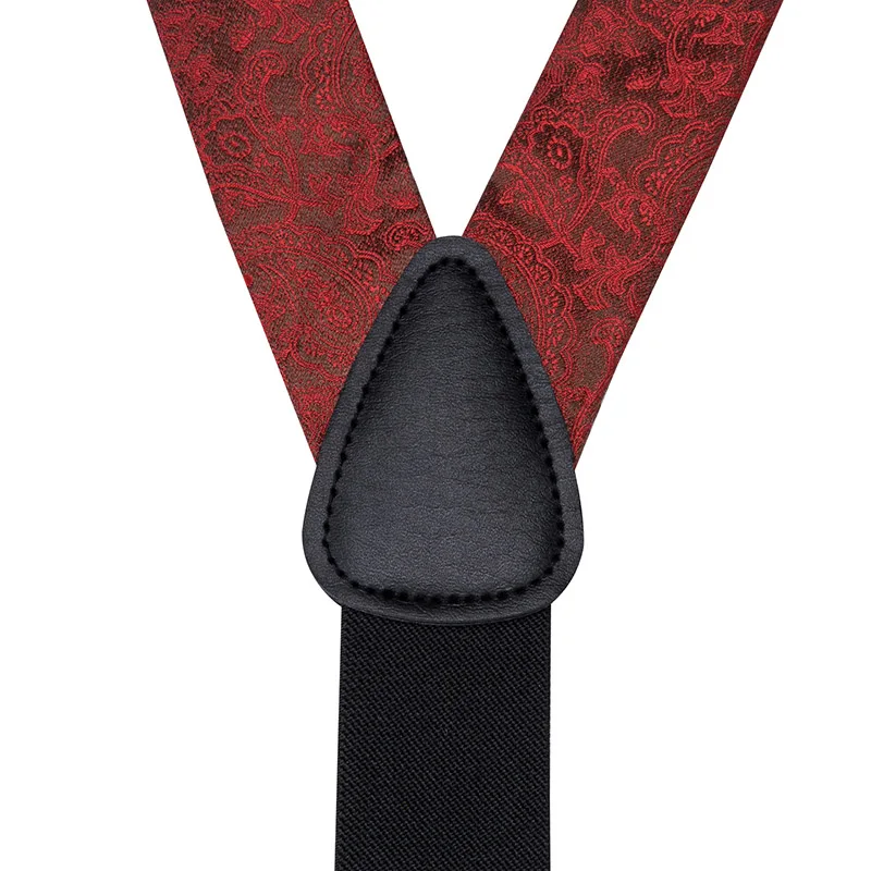 

Hi-Tie 100% Silk Adult Men's Luxury Red Floral Wedding Suspender and Bow tie Leather Metal 6 Clips Elastic Braces for Trouser