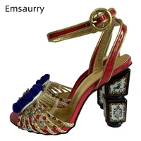 weaving sequins narrow band wedding shoes bridal print chunky heel diamond pompoms ankle strappy sandals women summer