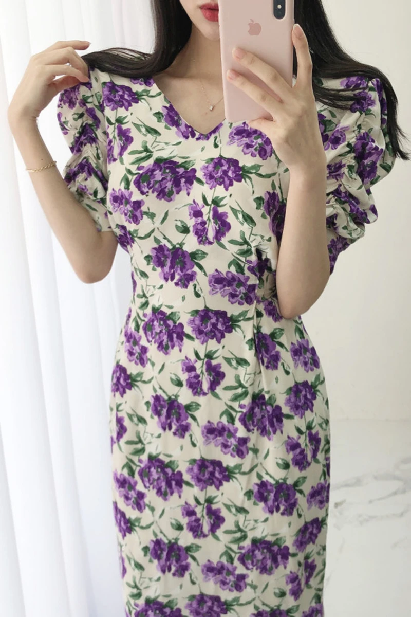 

ZOSOL Korean Style Chic Romantic Violet Floral White V-neck Waist Hugging Strap Puff Sleeve Dress Women