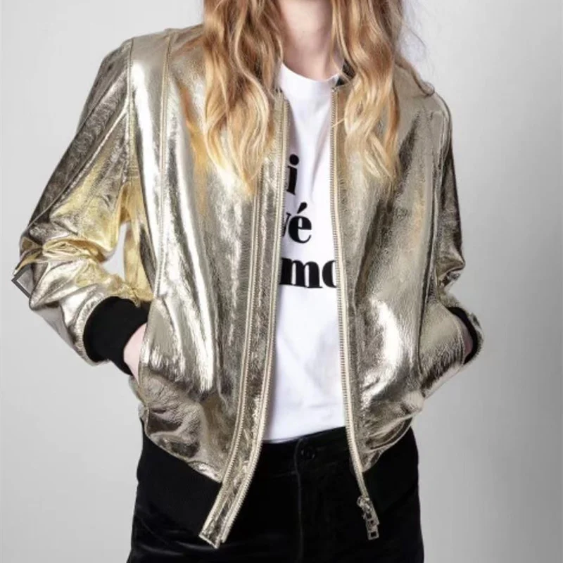 

Women's O-Neck Zipper Golden Jacket 2021 New Autumn Winter Ladies Simple Long Sleeve Female Fashion Short Coat Top with Pockets