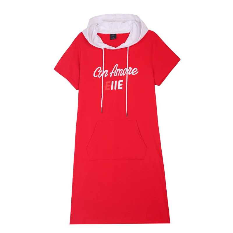 

Summer Short Sleeve Women'S Cotton Hooded Sweater Trend Korean Version Slim Medium Length Casual Mother'S Dress T-Shirt Skirt