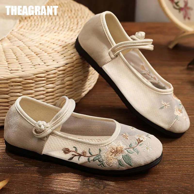 

THEAGRANT/винтажная женская обувь; Сезон весна-осень; Туфли Mary jane с цветочным принтом и пряжкой на ремешке; Вышитые традиционные китайские балет...