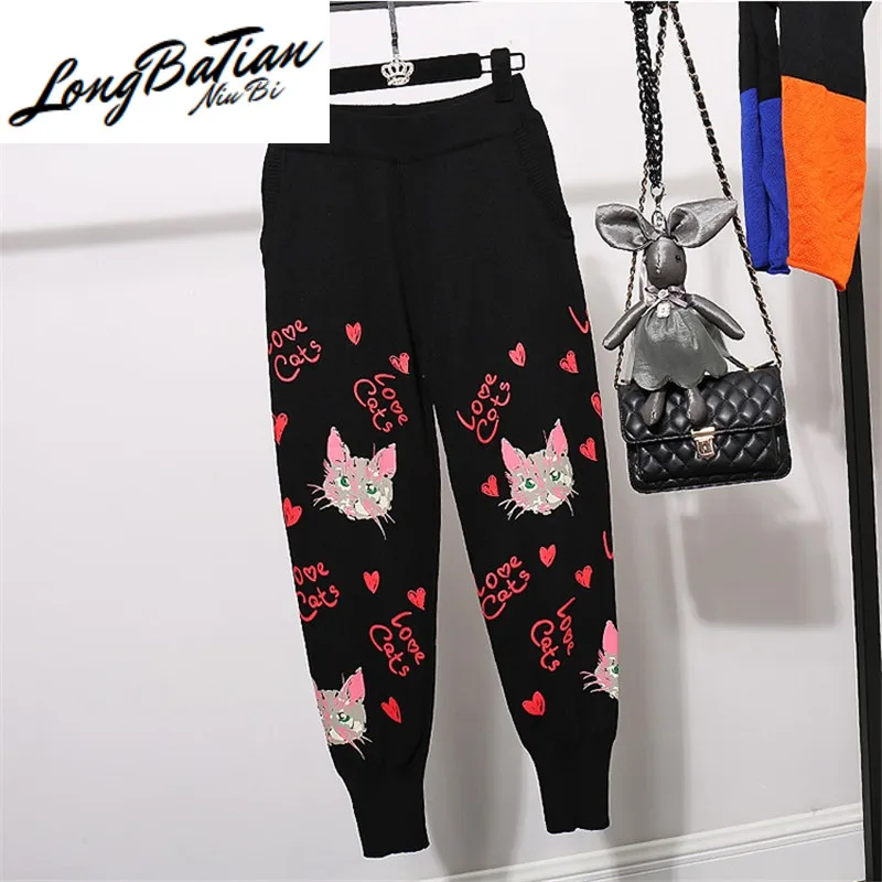 

Autumn Loose Cartoon Knitted Sweater + Casual Pants 2pc Set Women Black Pullover Knitting Trousers Suit Tracksuit Female