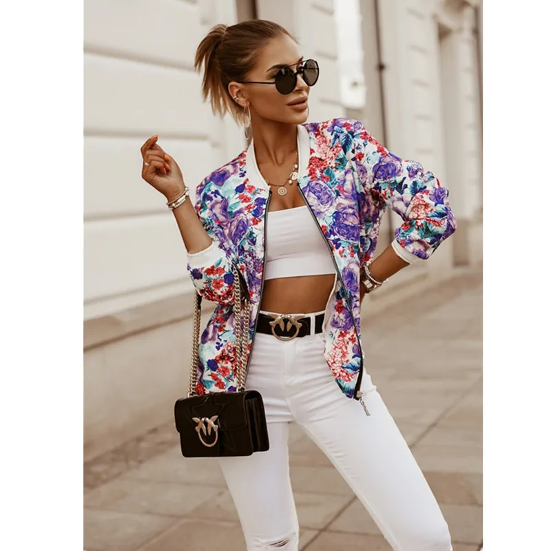 Joker color Flower Print Long Sleeve Women's Bomber Jacket Fashion Zipper Up Vintage Coat Tops Elegant Slim Basic Ladies Jackets