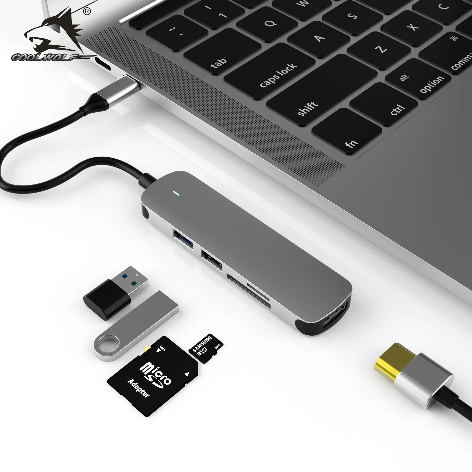 Coolwolf-concentrador de red usb c 6 en 1, adaptador hdmi 5em1, usb c para usb 3,0, doca para macbook pro, accesorios USB-C tipo c 3,1 divisor usb
