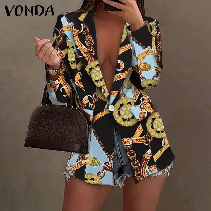 

VONDA Formal Coats 2021 Autumn Casual Turn Down Collar Long Sleeve Printed Suit Blazer OL Office Jackets Outerwears Femme