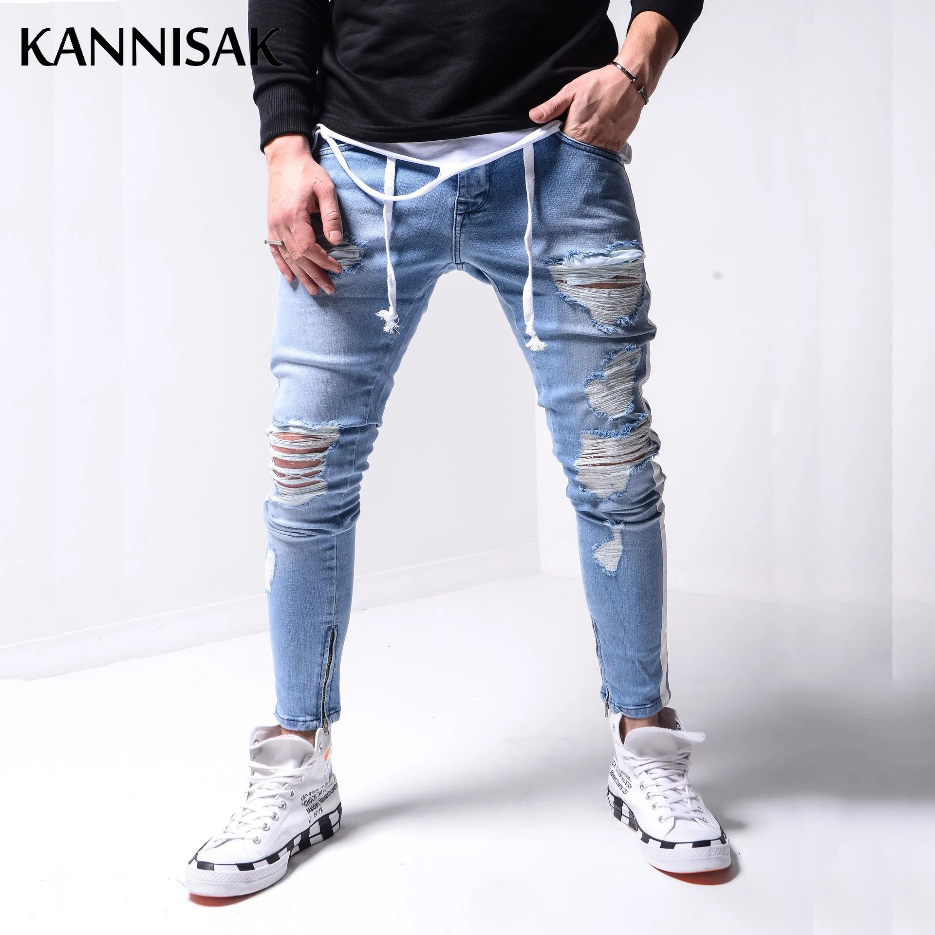 

Jeans Men 2021 Ripped Skinny Denim Pants Streetwear Hip Hop Fashion Male Clothing Full Length Trousers Distressed Pencil Pants