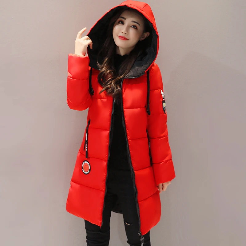 Winter Hooded Thick Woman's Long Jacket  Casual Slim Ladies Coat with Zipper Female solid Cotton Padded Female Jackets