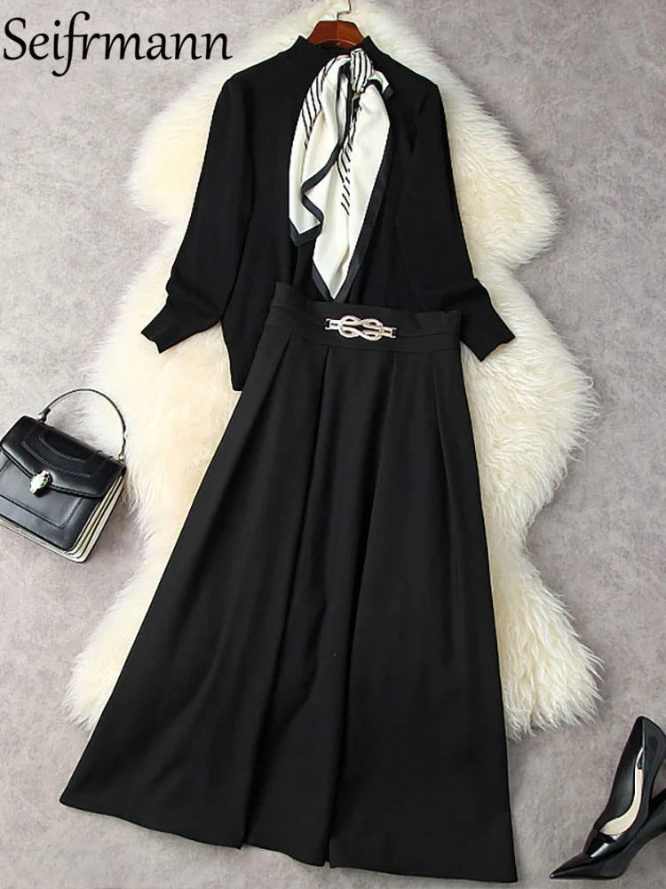 

Seifrmann New 2021 Autumn Women Fashion Designer Skirts Set Lantern Sleeve Bow Tops + High Waist Black A-Line Long Skirts Suits