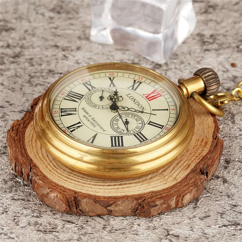 Vintage Copper Brass Roman Numerals Men's Automatic Mechanical Pocket Watch Self Winding Pendant Clock with FOB Chain reloj Gift