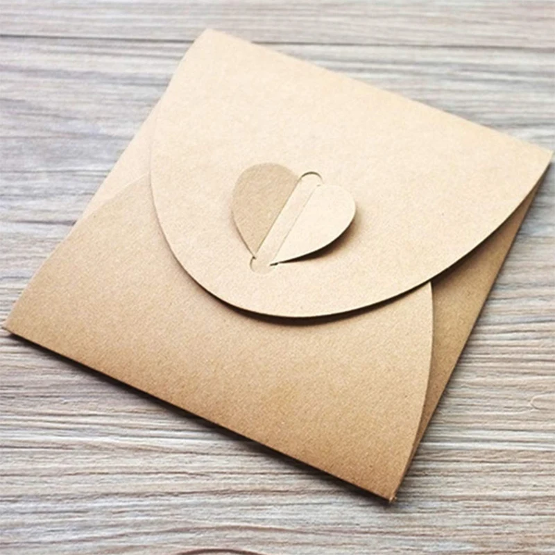 100Pcs/Lot Retro Love Kraft Cd Dvd Sleeves Paper Envelopes with Heart Button for Wedding Party 13X13cm | Канцтовары для офиса и