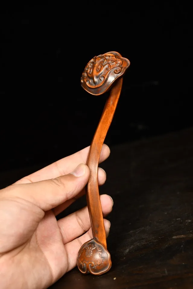 

8" China Collection Old Boxwood Ruyi Wood Carving Implication All wishes come true Everything goes well