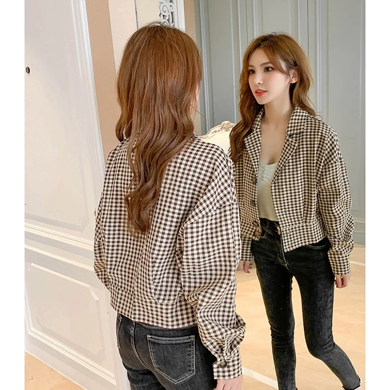 

2020 Spring Autumn Coat Women's Jacket New Long Sleeve Plaid Short Jackets Korean Suit Collar Single-breasted Casual Outerwear