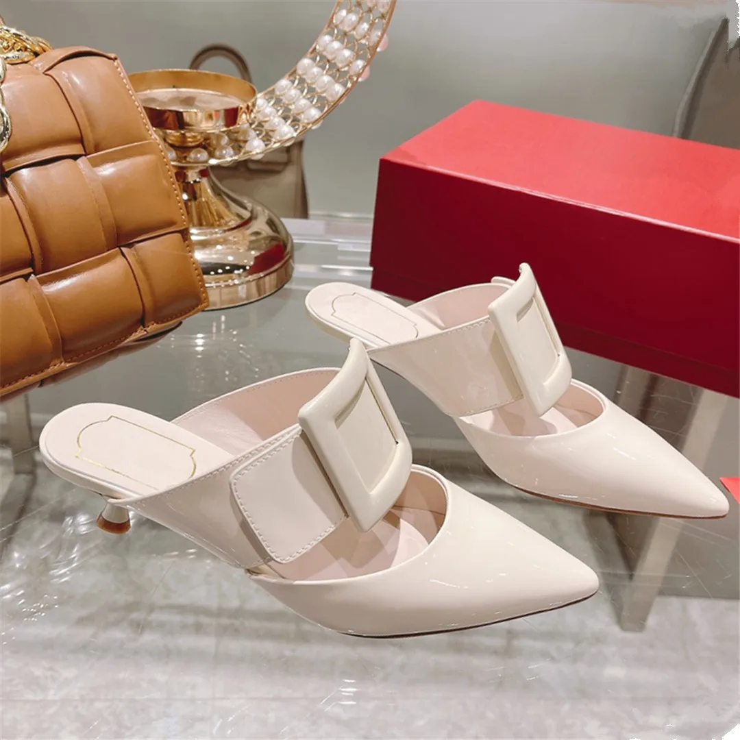 

Leather Square Buckle Pointed Toe Sandals 2022 Spring Summer New High Heel Slippers Outdoor Fashion Elegant Ladies Slippers