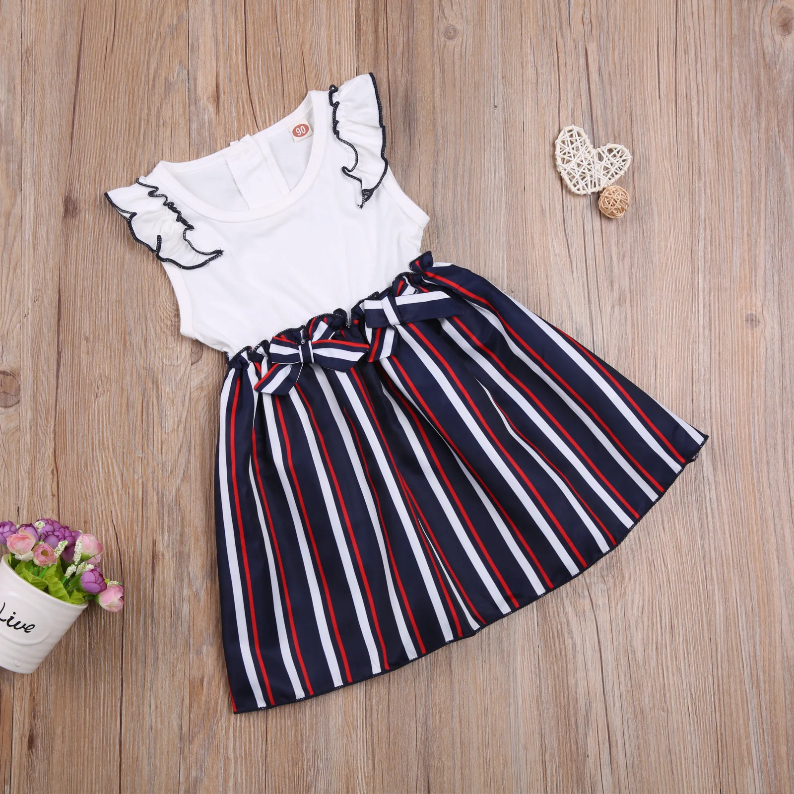 

Lovely Baby Girls Casual Sleeveless White Round Collar Striped Summer casual Printed and Bow Knot Pattern Dresses One-piece