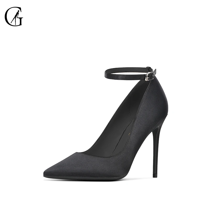 GOXEOU Women's Pumps Satin Ankle Strap Black Pointed Toe High Heels Party Sexy Nightclub Fashion Office Lady Shoes Size 32-46