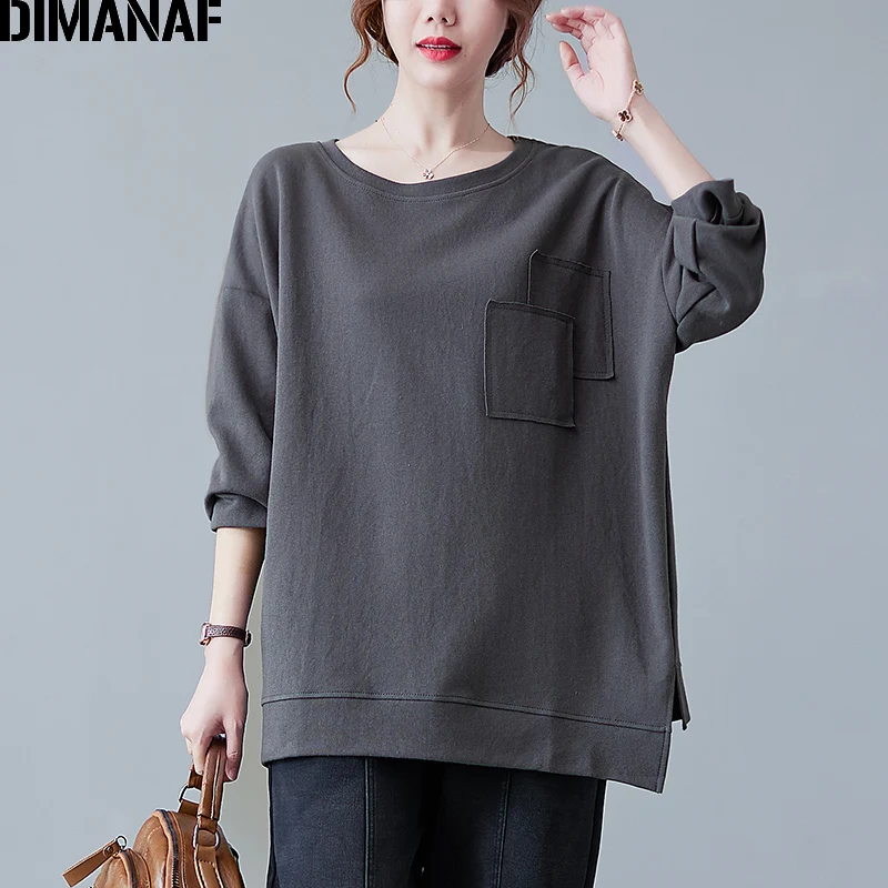 

Женский пуловер с длинным рукавом DIMANAF, однотонный хлопковый свитшот свободного покроя, повседневная одежда большого размера для осени и зи...