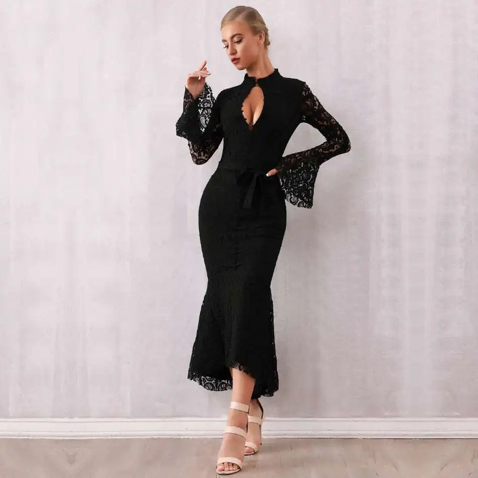 DressBird, женское осенне-зимнее Бандажное облегающее платье с длинным рукавом, Vestidos, сексуальное, кружевное, миди, розовое, черное, знаменитостей, вечерние платья, Vestido