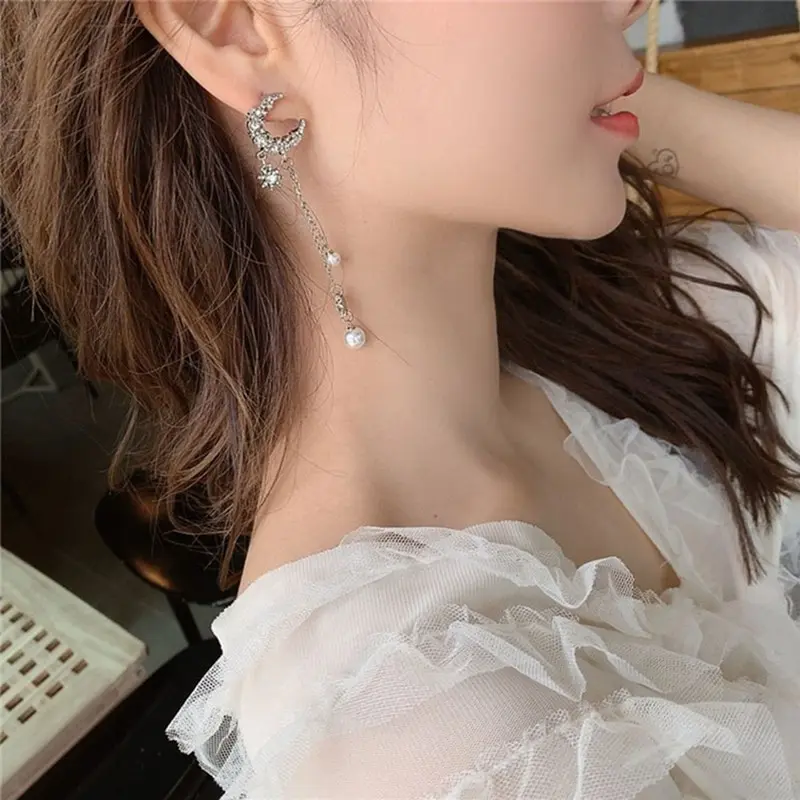 Женские Элегантные Имитация Жемчуга Луна Звезды с длинной бахромой уха ногтей