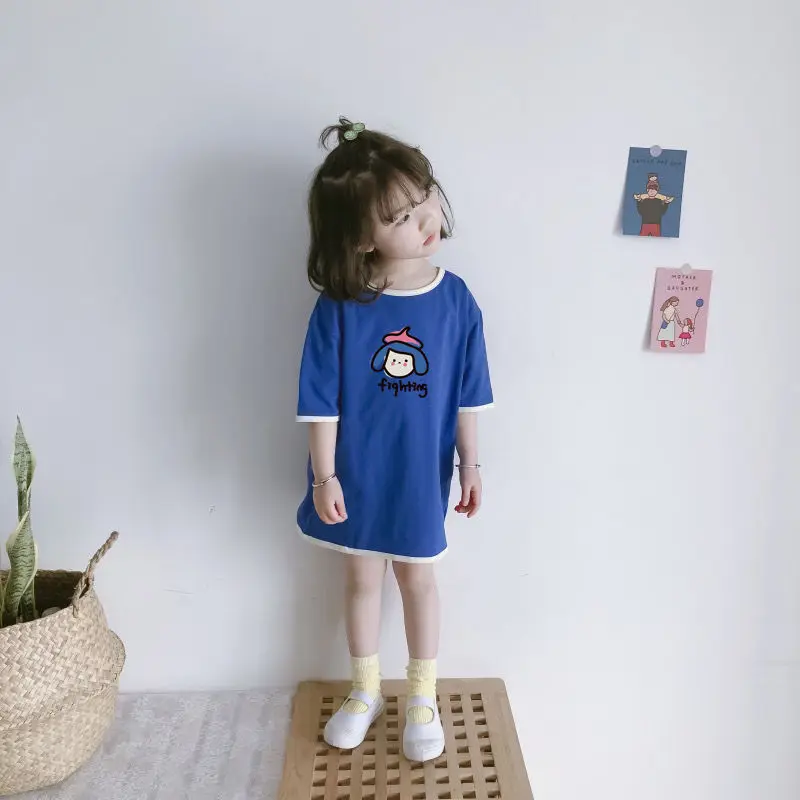 

2021 Cotton Loose Girl Dress Short-sleeved T-shirt Dress Cute Color Matching Blouse Baby Girl Summer New Solid Color