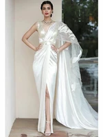 ladies long satin evening dresses sexy v neck prom party gowns with shawl split floor length ruched cocktail robe