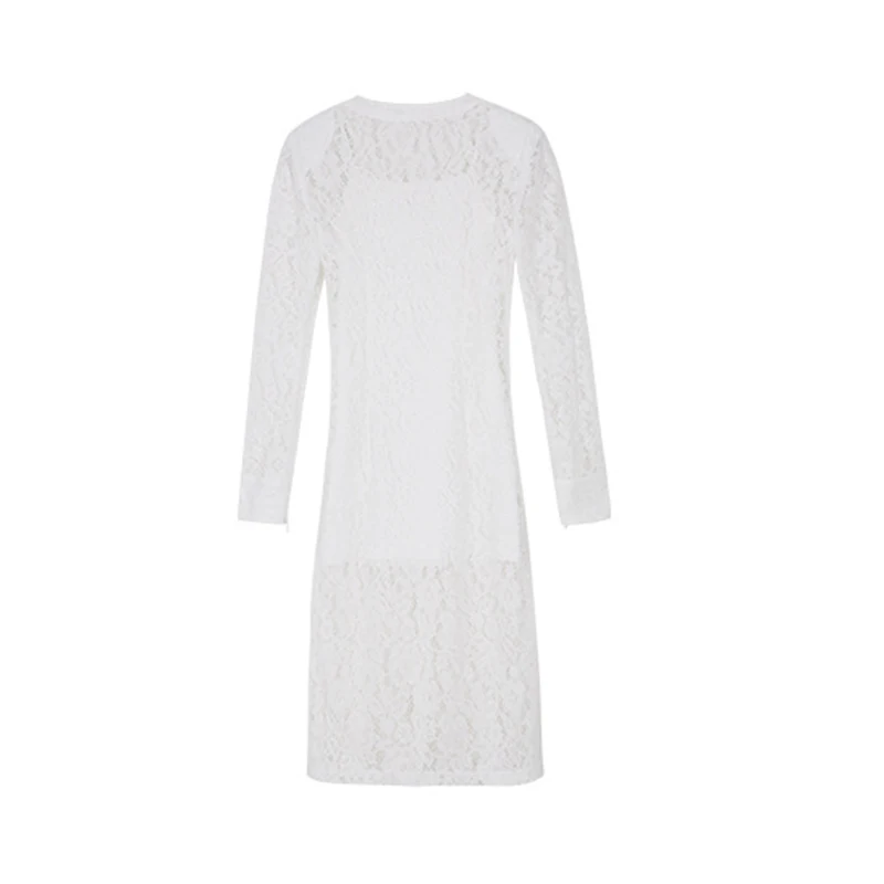 

TWOTWINSTYLE Elegant Patchwork Lace Dress For Women V Neck Long Sleeve High Waist Hollow Out Spring Dresses Female 2021 Fashion