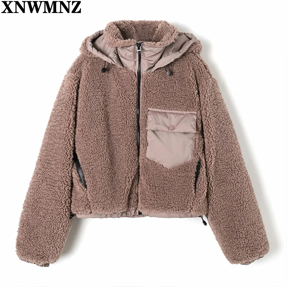 

XNWMNZ Winter 2021 New Women's Fashion Stitching All-Match Anti-Lamb Wool Fleece Thickening Short Hooded Jacket Coat chic Tide