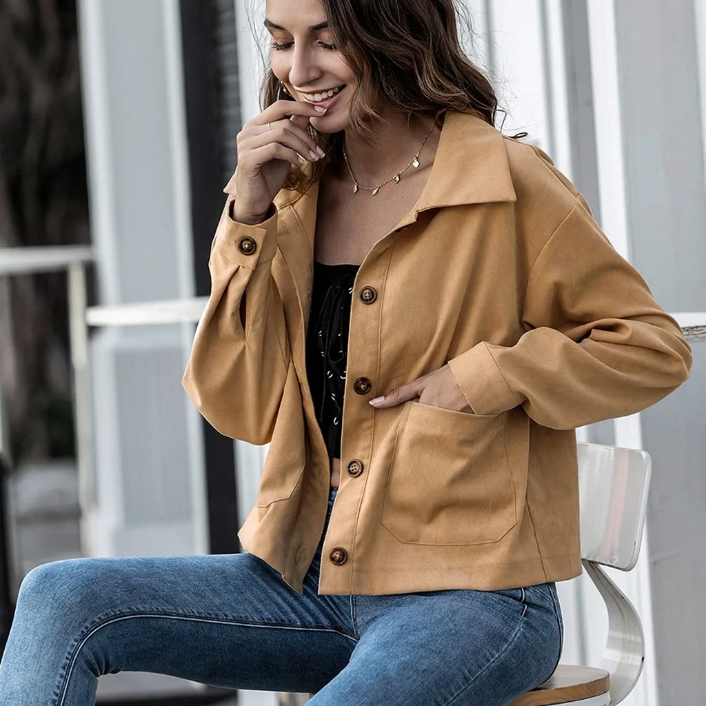

2020 Fashion Women Lady Winter Top Solid Color Lapel Blouse Jacket Casual Coat Fashion Atmosphere Round Neck Simple Short