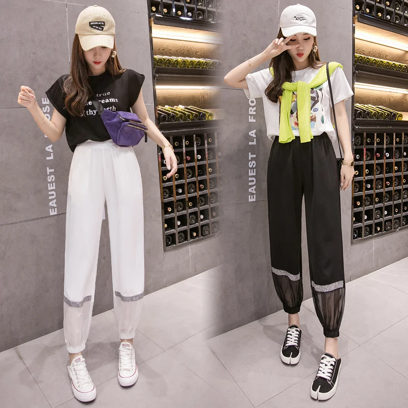 

Casual Bloomers Women's Loose Slimming 2021 New Summer Thin Ice Silk Ankle-Tied Harem Pants Ankle-Length Sports Pants