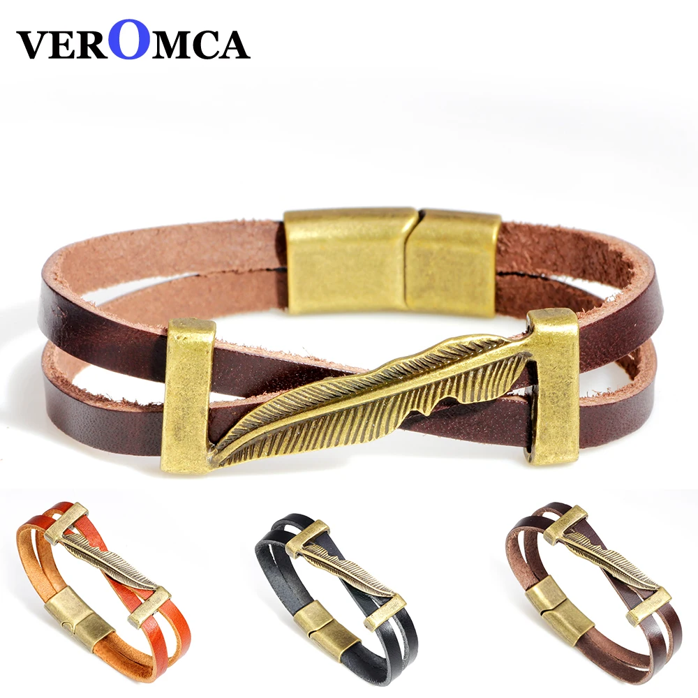 VEROMCA Браслет из черной кожи для мужчин простая индивидуальная кнопка нержавеющей