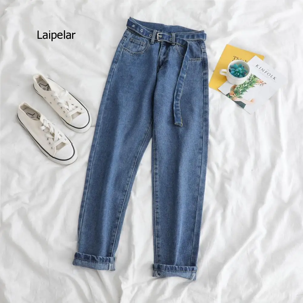 Корейские прямые джинсы для женщин с высокой талией штаны большими карманами