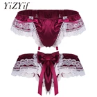 Мужские Трусы-стринги Sissy, блестящее мягкое атласное нижнее белье, Двухслойное цветочное кружевное нижнее белье с большим бантом сзади