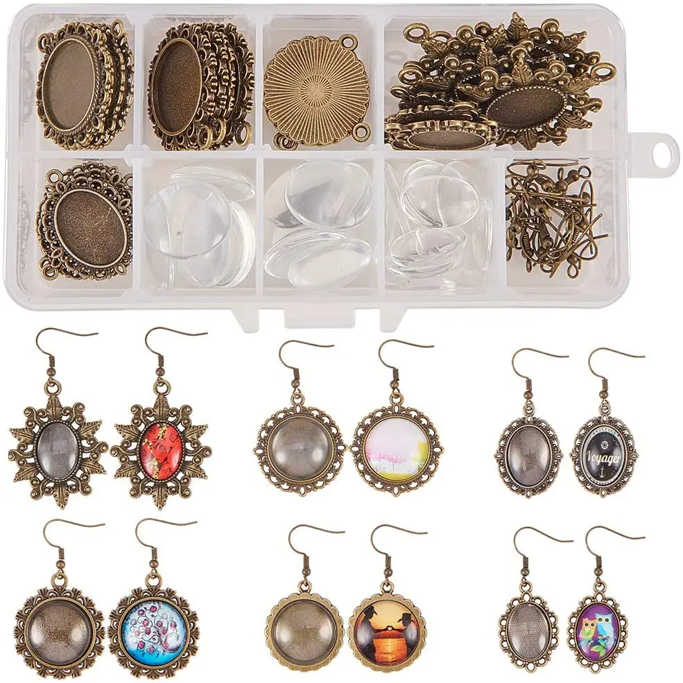 

1 Box 72Pcs DIY 12 Pairs 6 Style Dangle Cabochon Earrings Making Starter Kits Include Earring Wire Hooks Cabochon Settings