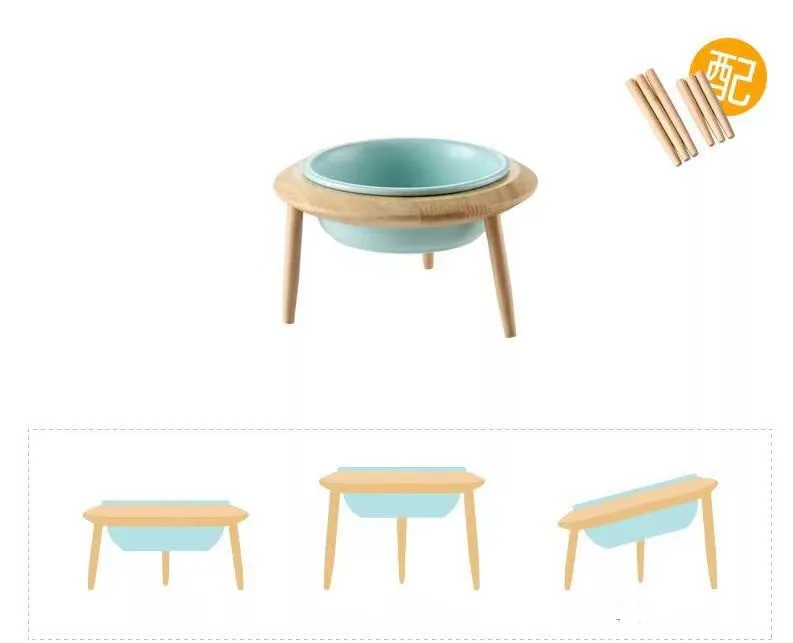Wooden frame blue Оправа из дуба, летающая тарелка, керамическая миска для домашних животных, Высокая ножка, собачья миска для кошек, миска для еды, керамическая миска для кошек, миска для риса, миска для воды - Цвет: Wooden frame blue