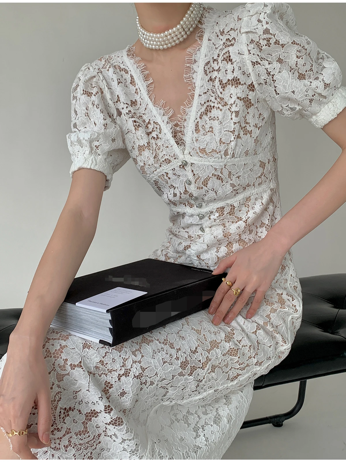 HESAPP Lace short-sleeved dress female summer design sense waist sexy temperament thin section over the vestidos knee long dress