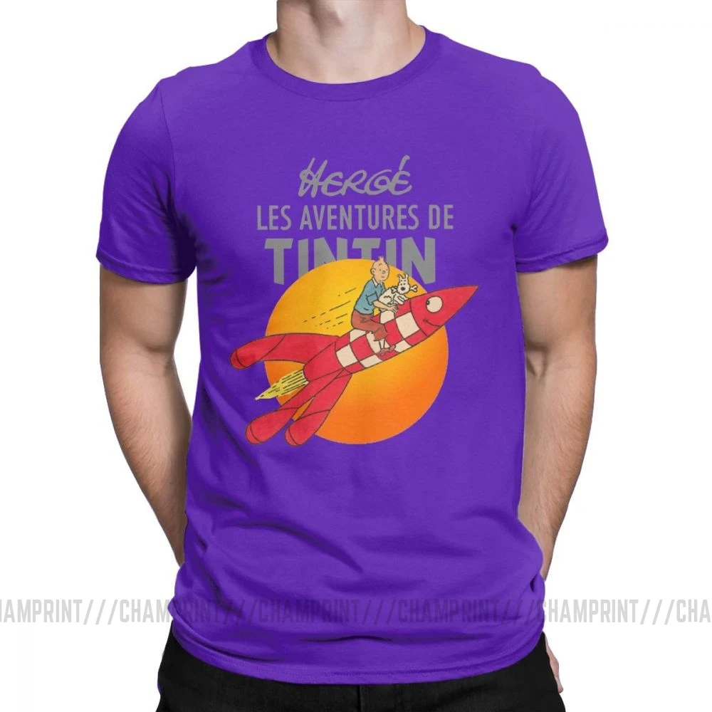 Мужские футболки TINTIN The adventures Of Tintin винтажные хлопковые футболки с коротким рукавом Одежда с вырезом лодочкой топы размера плюс - Цвет: Фиолетовый