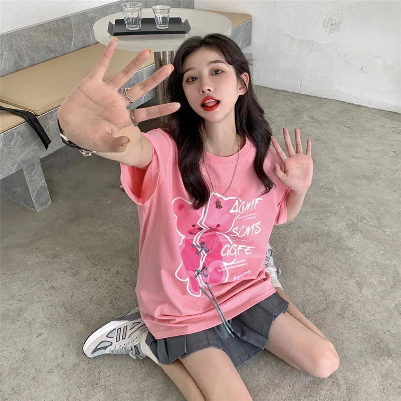 

Korean Version Of Loose Tie Bear Print Short-Sleeved T-Shirt Design Niche Couples Half-Sleeved Chicins Tide