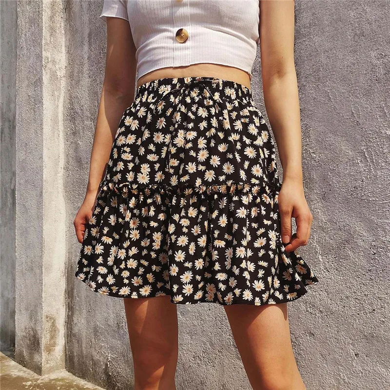 

2020 mini skirt mujer faldas woman skirts womens saias mulher femme jupes fashion Floral Daisy Tight Folds Fungus Country style