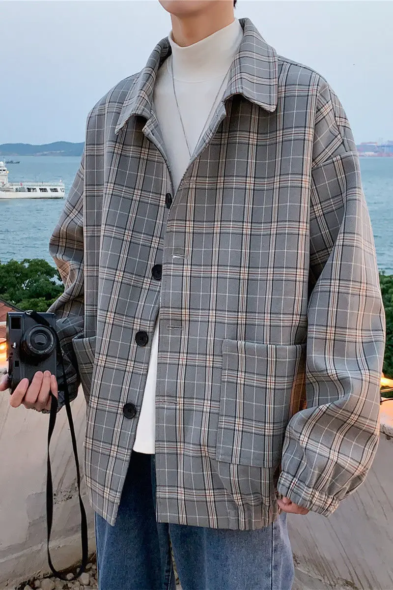 

2020 Spring And Autumn New Youth Popular Plaid Loose Plus Size Jacket Fashion Casual Single-breasted Lapel Top Gray/white