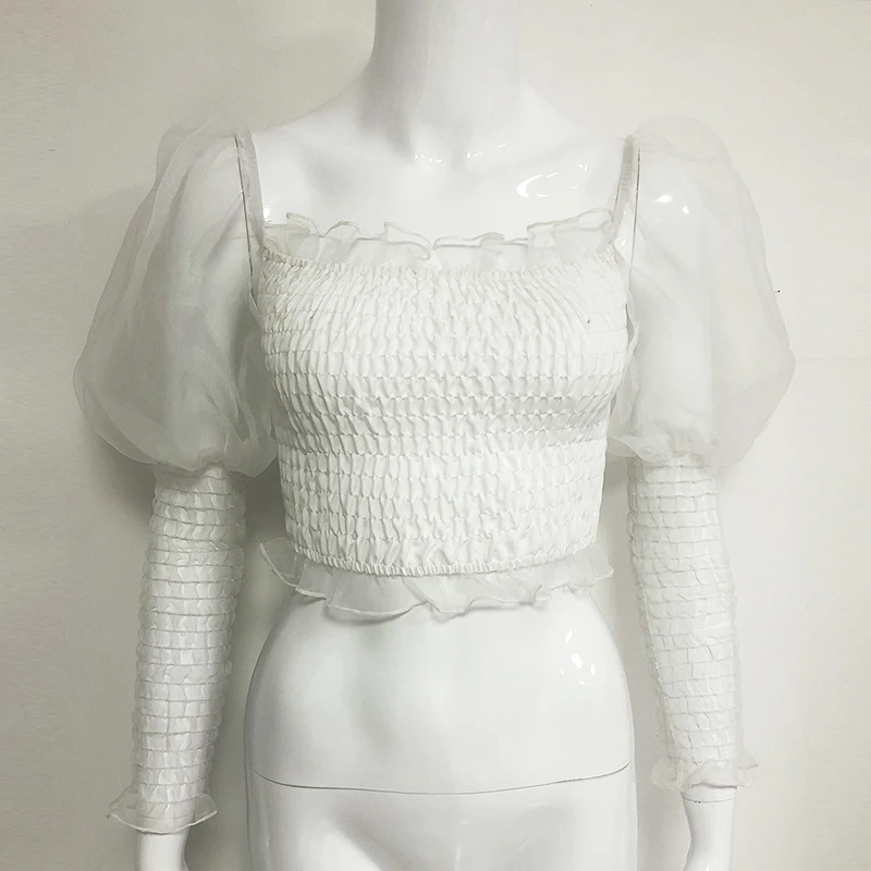 Белая женская блузка 2020 весенние топы с квадратным воротником и оборками