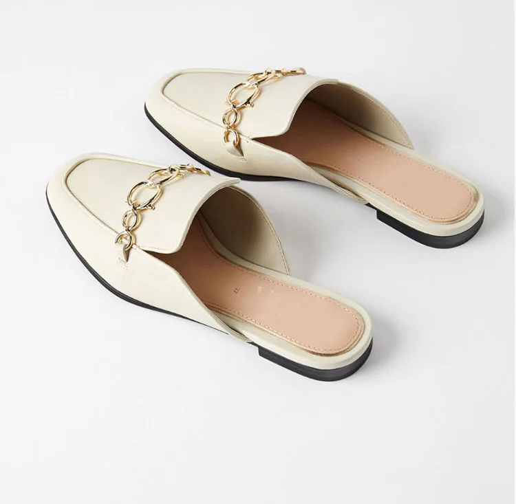 

SOUTHLAND summer new outside slipper Sheepskin low heel chain pearl decorations women Mules