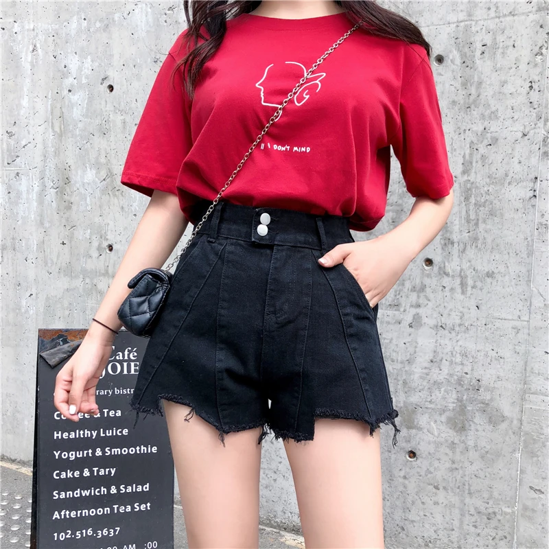 

Patchwork Denim Shorts for Female A-line Wide Leg Ultra-high Waist Double Button Design Summer Push Up Large Size Baggy Pants