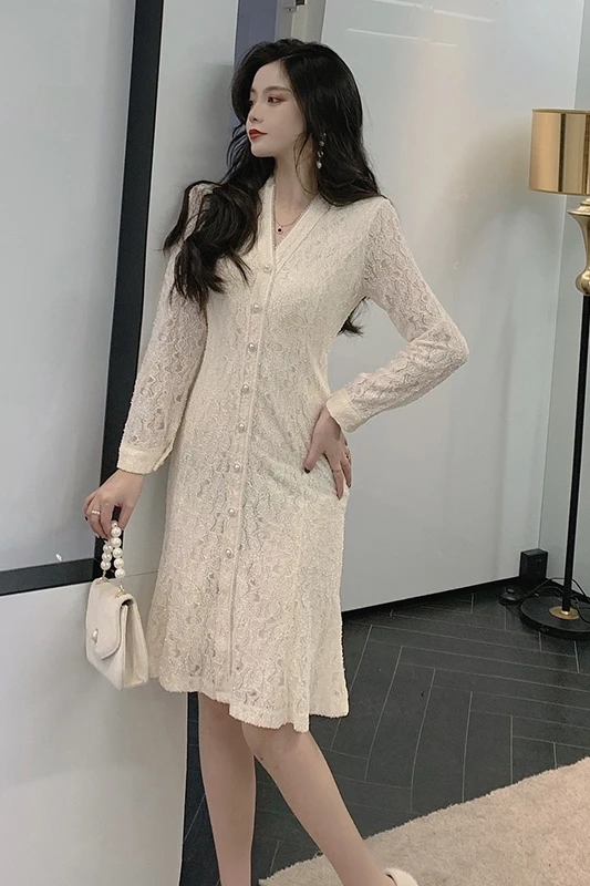 

COIGARSAM Full Sleeve Women one-piece dress korean New Lace V-Neck Dresses Meters Apricot 8520