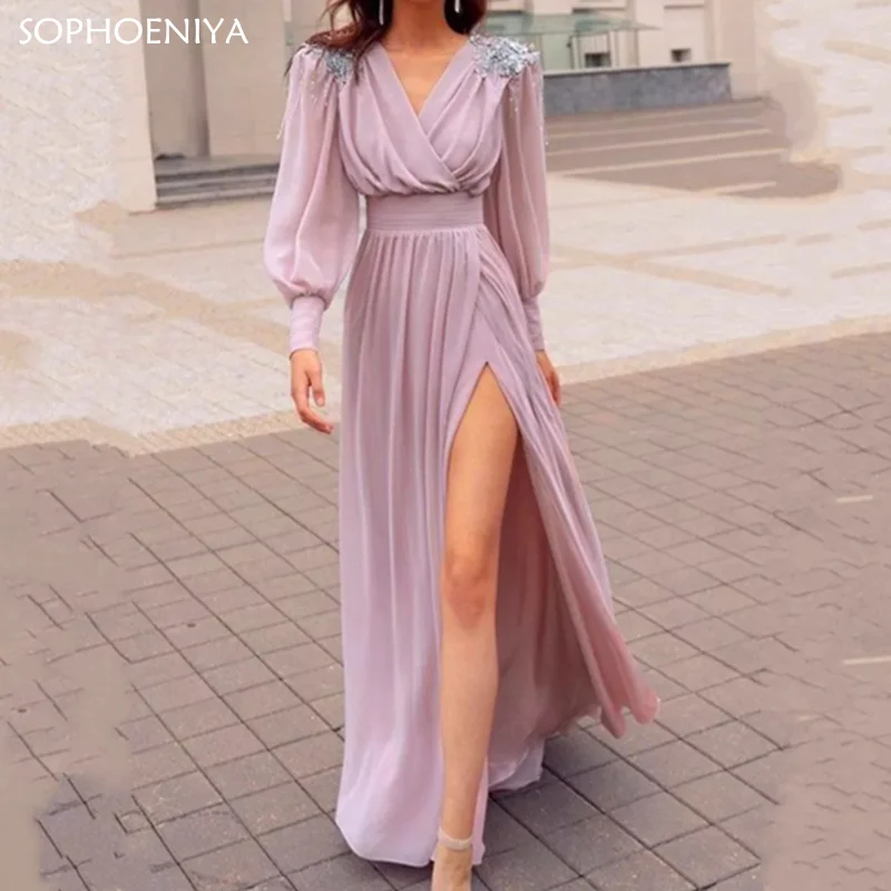 

New Arrival Elegant V-Neck A-Line Evening Dresses Sexy Front Split Full Sleeves Vestidos De Fiesta Formal Party Gown Robe Longue