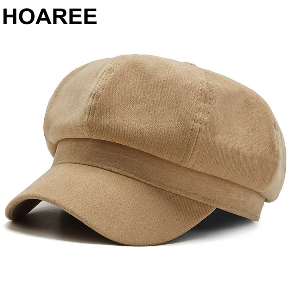 

HOAREE Khaki Women Hat 2021 New Autumn Winter Newsboy Hats for Women Solid Vintage Octagonal Hat Female Flat Cap