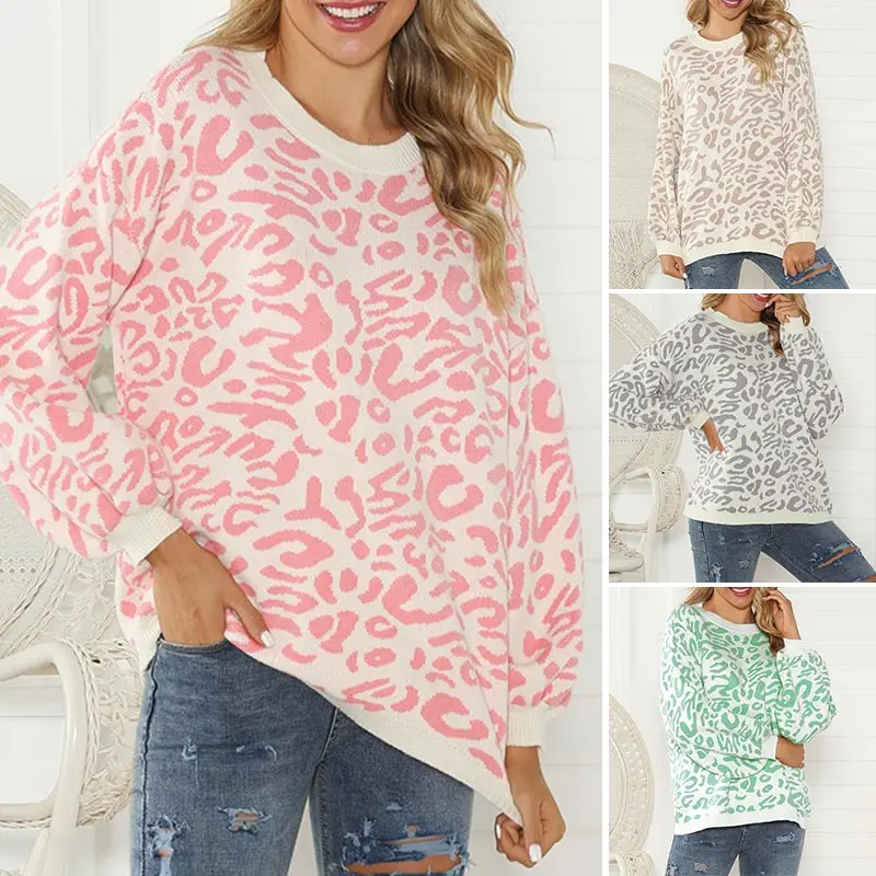

Woman Leopard Knitted Sweater Winter Print Long Sleeve Female Pullovers Casual Sweater Loose Female Sweaters